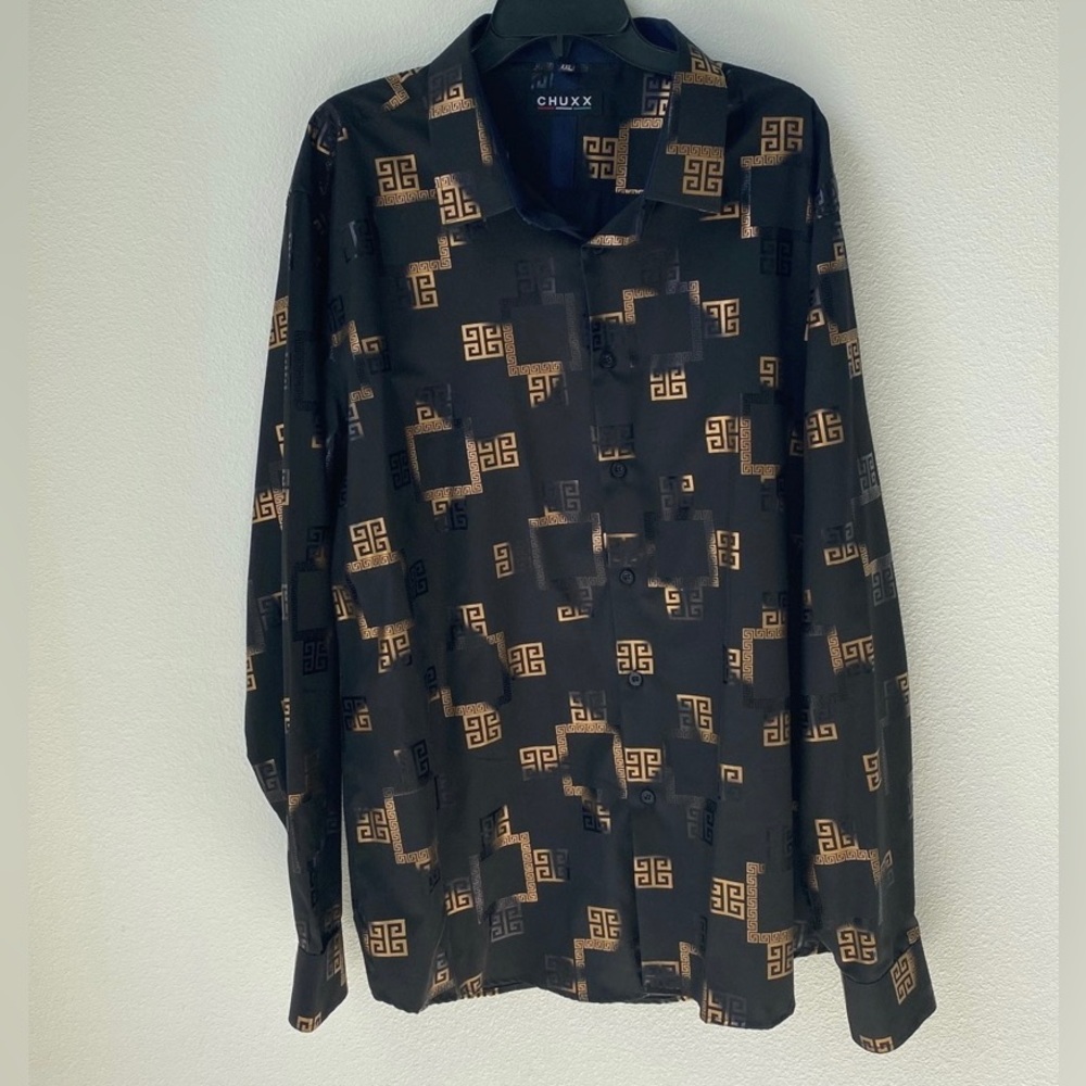 CHUXX Men’s Black Button Down, Gold & Black Ancient Greek Key Pattern Size XXL